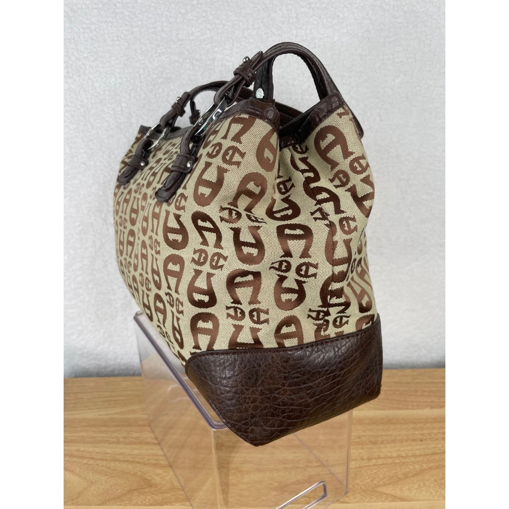 Etienne Aigner Monogram Jacquard Shoulder Bag Brown Tan Faux Leather Trim Tote - Picture 6 of 14